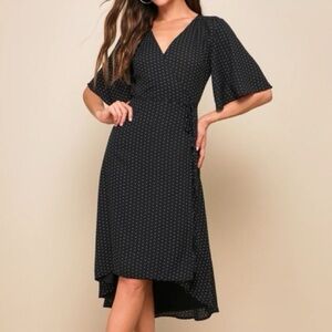 Lulu's Black and White Polka Dot Wrap Flutter Sleeve Midi Dress